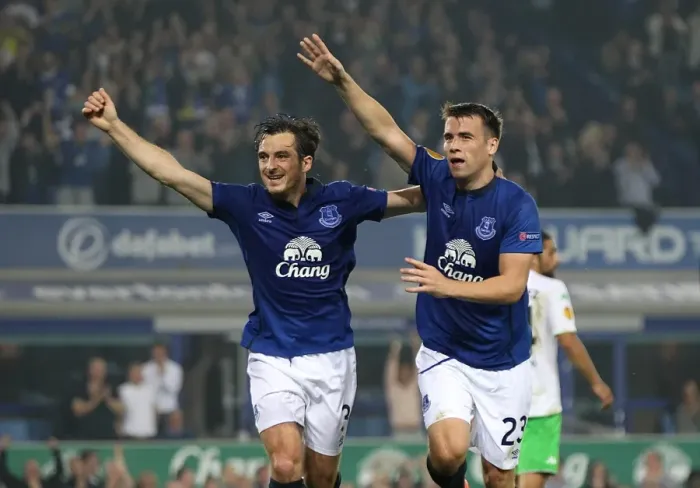 Framed Print : Everton's Coleman and Baines: United in Triumphant Celebration after Europa League Double Strike vs. Wolfsburg