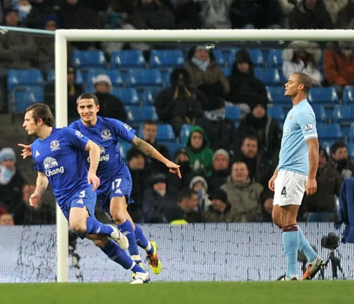 Framed Print : Everton's Double Delight: Leighton Baines and Tim Cahill Celebrate Second Goal vs. Manchester City (December 2010) Framed Print : Everton's Double Delight: Leighton Baines and Tim Cahill Celebrate Second Goal vs. Manchester City (December 2010)