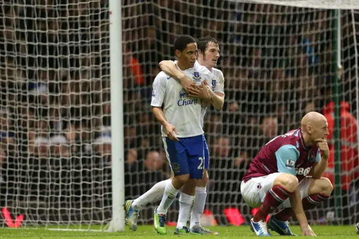 Framed Print : Everton's Double Strike: Pienaar and Baines Celebrate as Collins Looks On in Disappointment (Everton 2-1 West Ham, Upton Park, 2012) Framed Print : Everton's Double Strike: Pienaar and Baines Celebrate as Collins Looks On in Disappointment (Everton 2-1 West Ham, Upton Park, 2012)