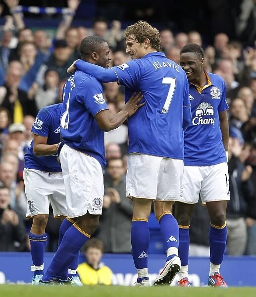 Everton's Double Trouble: Anichebe and Jelavic Celebrate Goals Against West Bromwich Albion (March 31, 2012)