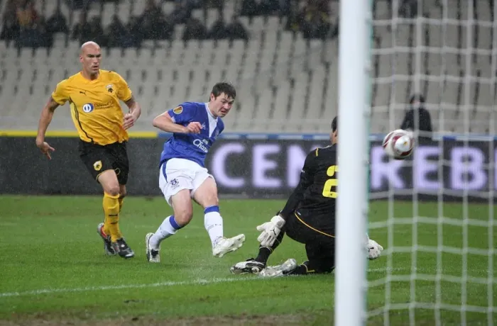 Framed Print : Everton's Europa League Triumph: Diniyar Bilyaletdinov Scores the Opening Goal vs. AEK Athens at Olympic Stadium Framed Print : Everton's Europa League Triumph: Diniyar Bilyaletdinov Scores the Opening Goal vs. AEK Athens at Olympic Stadium