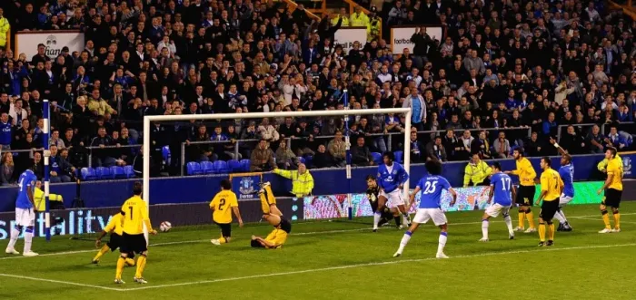 Framed Print : Everton's Europa League Triumph: Sylvain Distin Scores the Decisive Goal Against AEK Athens at Goodison Park Framed Print : Everton's Europa League Triumph: Sylvain Distin Scores the Decisive Goal Against AEK Athens at Goodison Park