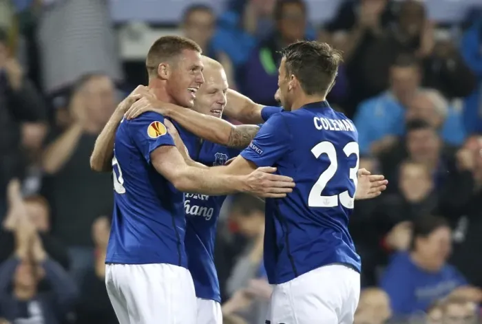Framed Print : Everton's Europa League Victory: Naismith's Game-Changing Goals vs. VfL Wolfsburg and FK Krasnodar (UEFA Europa League - Group H)