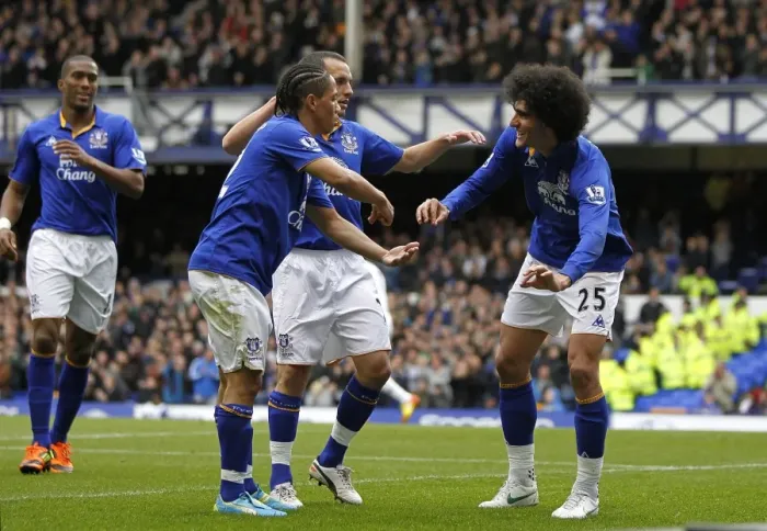 Framed Print : Everton's Fellaini and Pienaar: Celebrating a Glorious Second Goal at Goodison Park (April 2012 vs. Fulham)
