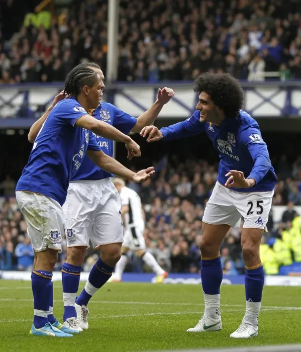 Framed Print : Everton's Fellaini and Pienaar: A Celebration of Teamwork and Success (April 2012, Goodison Park)