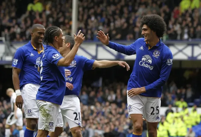 Framed Print : Everton's Fellaini and Pienaar: A Celebration of Victory - Second Goal vs. Fulham (April 2012, Goodison Park)