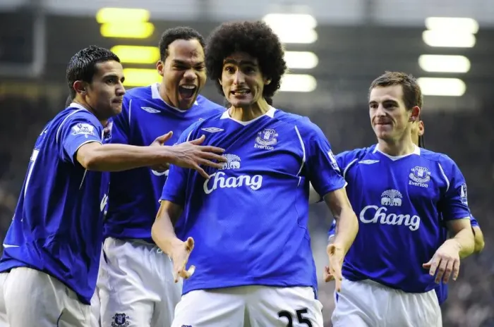 Framed Print : Everton's Fellaini Scores First Goal, Celebrated by Cahill, Lescott, and Baines (01.10.09) Framed Print : Everton's Fellaini Scores First Goal, Celebrated by Cahill, Lescott, and Baines (01.10.09)