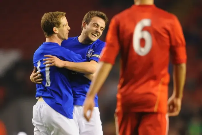 Framed Print : Everton's Forshaw and Baxter: A Moment of Triumph in the Derby Match vs. Liverpool (Reserve League North)