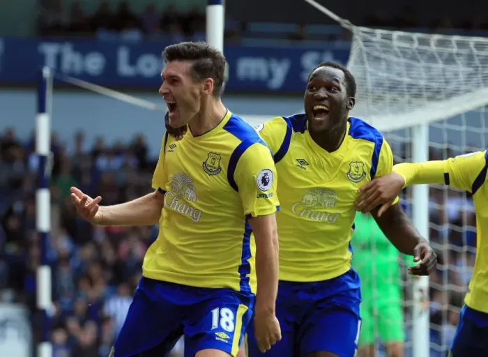 Framed Print : Everton's Gareth Barry and Romelu Lukaku Celebrate Second Goal vs. West Bromwich Albion in Premier League Framed Print : Everton's Gareth Barry and Romelu Lukaku Celebrate Second Goal vs. West Bromwich Albion in Premier League