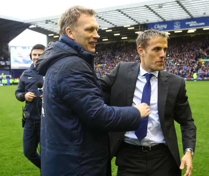 Framed Print : Everton's Glorious Moment: Moyes and Neville's Embrace during Victory Parade (2-0 Win over West Ham, May 12, 2013)