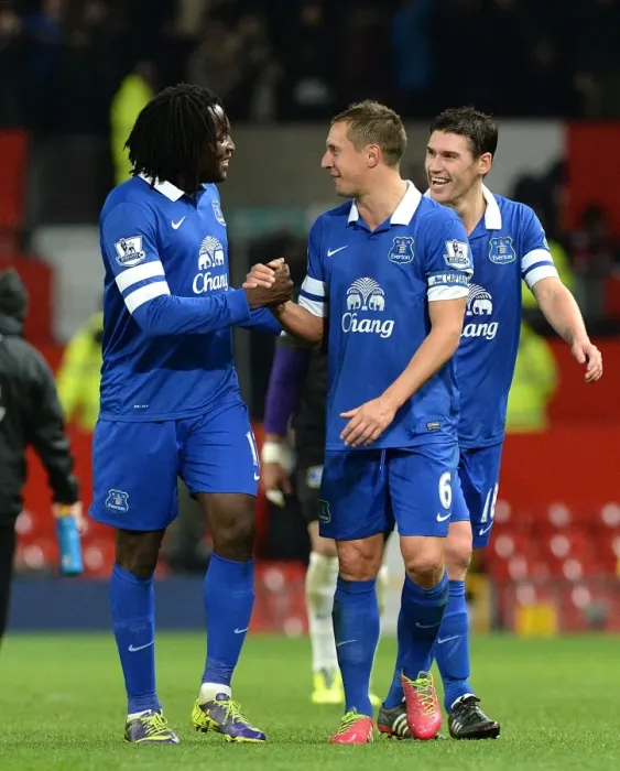 Framed Print : Everton's Historic Victory: Lukaku and Jagielka's Jubilant Celebration at Old Trafford (Manchester United 0-1 Everton, Barclays Premier League, December 2013) Framed Print : Everton's Historic Victory: Lukaku and Jagielka's Jubilant Celebration at Old Trafford (Manchester United 0-1 Everton, Barclays Premier League, December 2013)