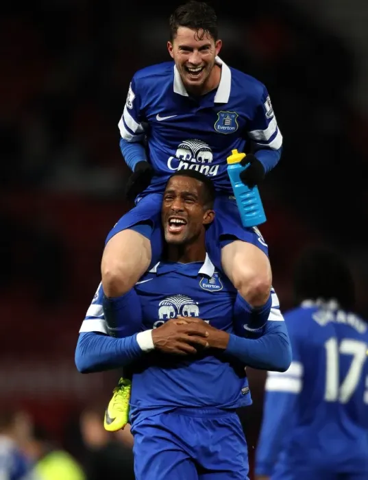 Framed Print : Everton's Historic Victory at Old Trafford: Bryan Oviedo and Sylvain Distin Celebrate Manchester United 0-1 Everton (December 4, 2013) Framed Print : Everton's Historic Victory at Old Trafford: Bryan Oviedo and Sylvain Distin Celebrate Manchester United 0-1 Everton (December 4, 2013)