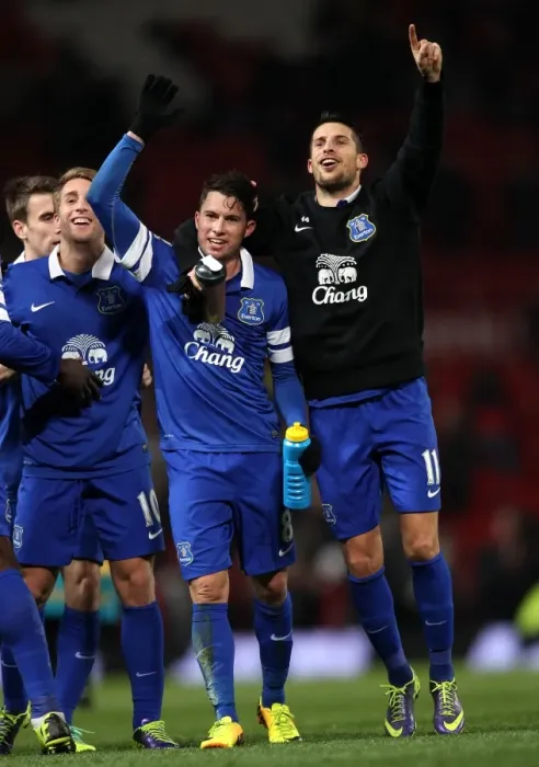 Framed Print : Everton's Historic Win: Bryan Oviedo and Kevin Mirallas Celebrate Over Manchester United (4-12-2013, Old Trafford : Manchester United 0 - Everton 1) Framed Print : Everton's Historic Win: Bryan Oviedo and Kevin Mirallas Celebrate Over Manchester United (4-12-2013, Old Trafford : Manchester United 0 - Everton 1)