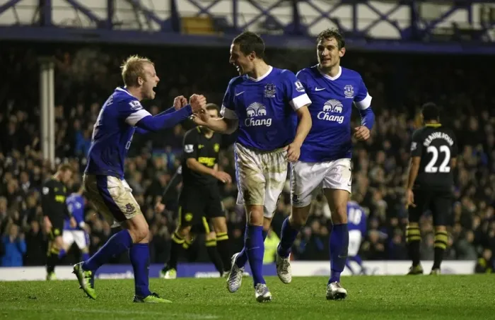 Framed Print : Everton's Jagielka and Naismith: Celebrating a Winning Moment at Goodison Park (26-12-2012) Framed Print : Everton's Jagielka and Naismith: Celebrating a Winning Moment at Goodison Park (26-12-2012)