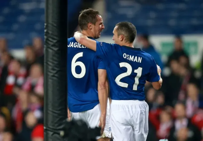 Framed Print : Everton's Jagielka and Osman Celebrate Second Goal in Europa League Match vs. Lille