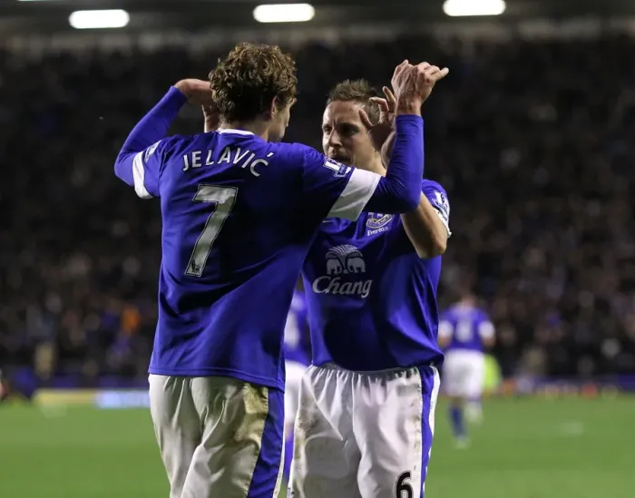 Framed Print : Everton's Jelavic and Jagielka: A Celebratory Moment as Everton Takes a 2-1 Lead Over Tottenham (December 9, 2012, Goodison Park)