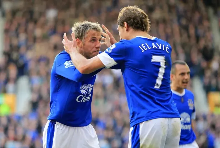 Framed Print : Everton's Jelavic and Neville: A Celebratory Moment as Everton Takes a 3-1 Lead over Southampton (September 29, 2012, Goodison Park)