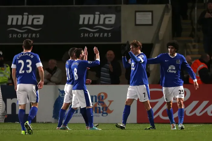 Framed Print : Everton's Jelavic Scores Opener in FA Cup Thrashing of Cheltenham (7-1-2013)