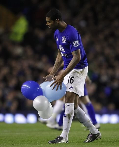 Everton's Jermaine Beckford: Popping Balloons in Triumph after Scoring against Birmingham City (09.03.2011, Goodison Park)