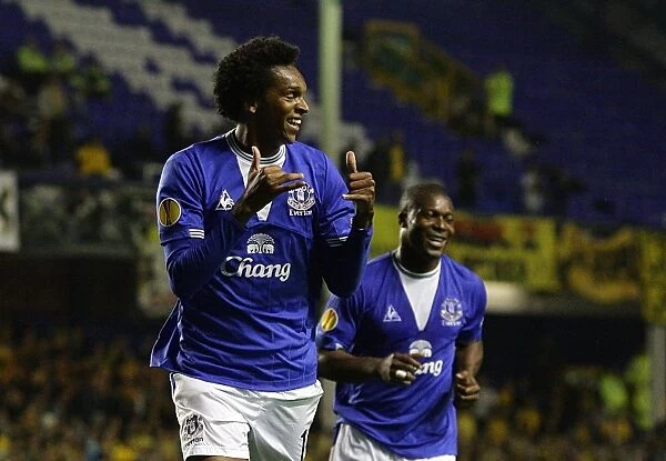 Everton's Joao Alves and Ayegbeni Yakubu: Celebrating Everton's Fourth Goal vs AEK Athens in the UEFA Europa League