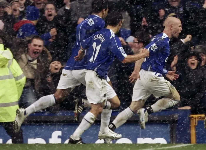 Framed Print : Evertons Johnson celebrates after scoring during their English Premier League soccer match against Framed Print : Evertons Johnson celebrates after scoring during their English Premier League soccer match against