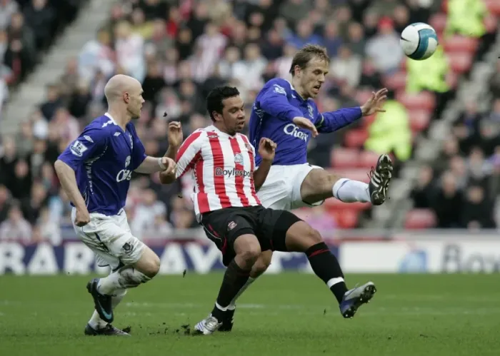 Framed Print : Everton's Johnson and Neville in Action: Everton vs. Sunderland, Barclays Premier League, September 3, 2008