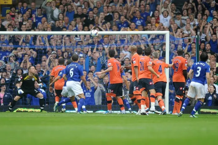 Framed Print : Everton's Leighton Baines Stuns with a Free-Kick Hit off the Bar vs. Queens Park Rangers (2011, Barclays Premier League) Framed Print : Everton's Leighton Baines Stuns with a Free-Kick Hit off the Bar vs. Queens Park Rangers (2011, Barclays Premier League)