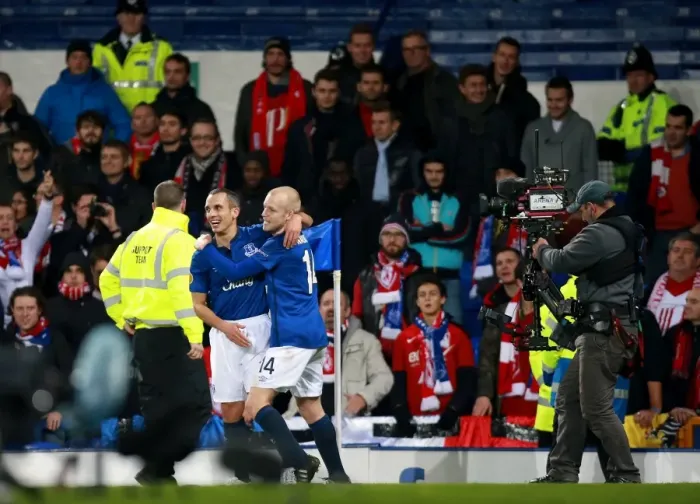 Framed Print : Everton's Leon Osman Scores First Goal in Europa League Clash Against Lille Framed Print : Everton's Leon Osman Scores First Goal in Europa League Clash Against Lille
