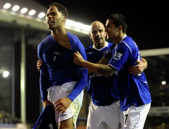 Framed Print : Everton's Lescott and Cahill Celebrate Second Goal vs. Aston Villa (08 / 09) Framed Print : Everton's Lescott and Cahill Celebrate Second Goal vs. Aston Villa (08 / 09)