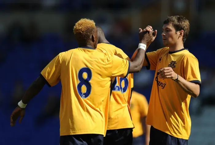 Framed Print : Everton's Louis Saha Celebrates Second Goal in Birmingham City Friendly (July 30, 2011)