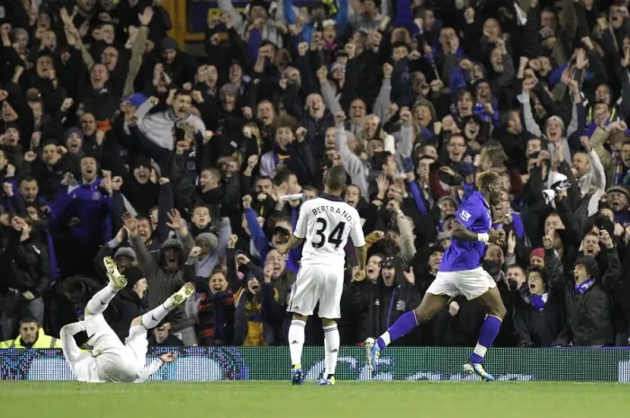 Framed Print : Everton's Louis Saha: Celebrating the First Goal Against Chelsea in the Carling Cup (October 2011)