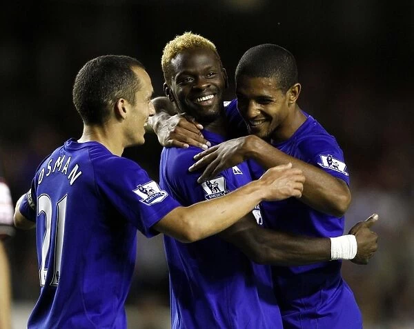 Everton's Louis Saha: Celebrating a Goal with Team Mates in the Carling Cup Second Round vs Huddersfield (2010)