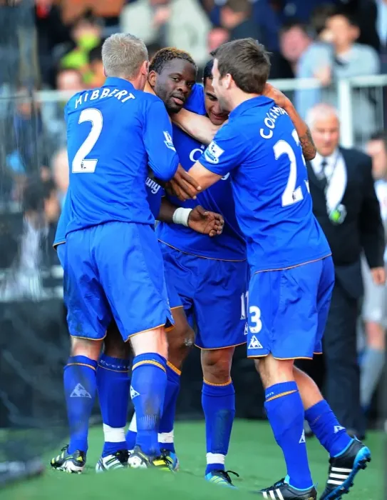 Framed Print : Everton's Louis Saha: Double Delight as He Scores Second Goal Against Fulham (October 2011) Framed Print : Everton's Louis Saha: Double Delight as He Scores Second Goal Against Fulham (October 2011)