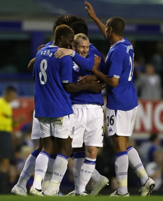 Framed Print : Everton's Louis Saha Scores Historic Goal in Europa League Play-offs vs. SK Sigma Olomouc