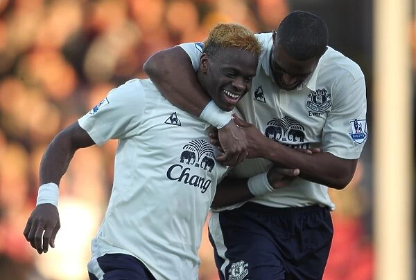 Everton's Louis Saha and Sylvain Distin: Celebrating the First Goal Against Scunthorpe United in FA Cup Third Round (January 2011)