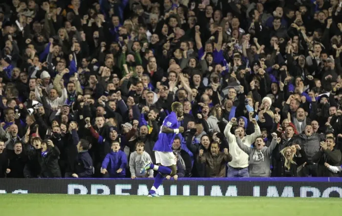 Framed Print : Everton's Louis Saha: Unforgettable Celebration of First Goal Against Chelsea in Carling Cup (26 October 2011)