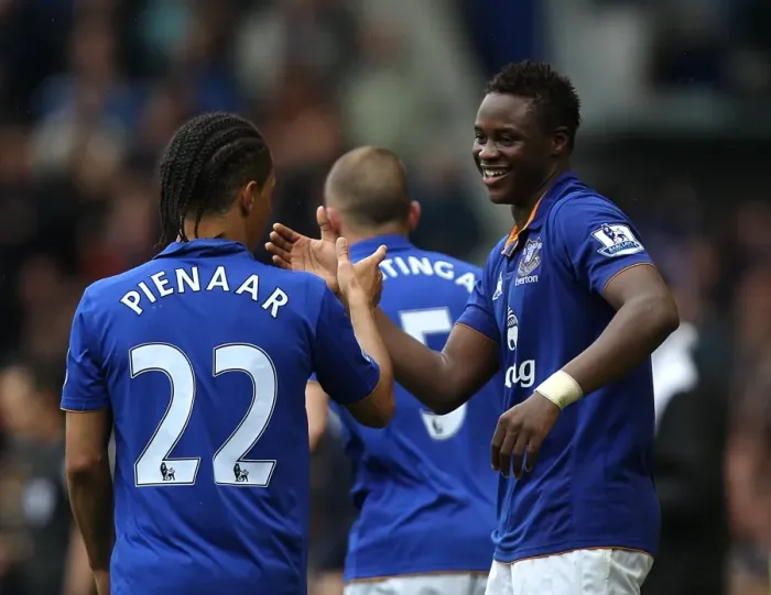 Framed Print : Everton's Magaye Gueye and Steven Pienaar: Celebrating Their First Goal Together Against Sunderland (April 9, 2012, Goodison Park)