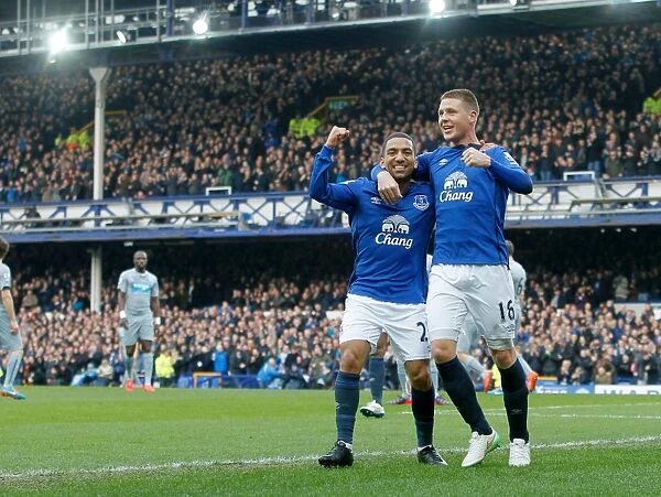 Everton's McCarthy and Lennon: A Jubilant Moment as They Celebrate a Goal at Goodison Park (Everton vs Newcastle United, Barclays Premier League)