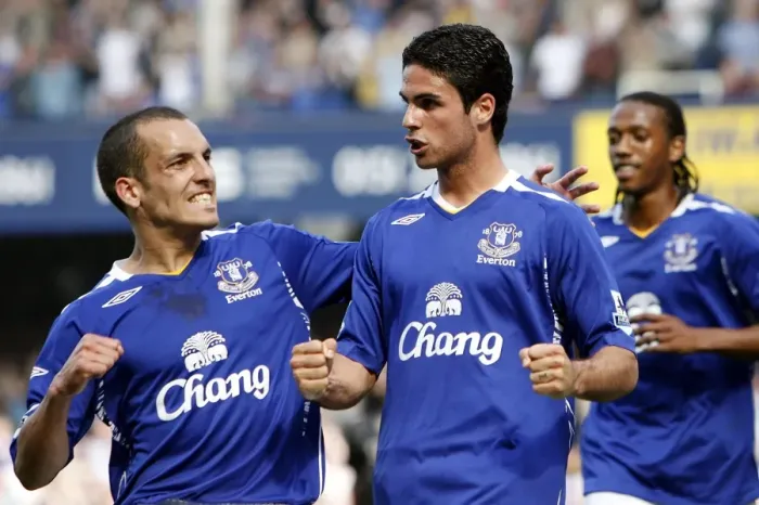 Framed Print : Everton's Mikel Arteta and Leon Osman: A Celebration of Goalscoring Glory (vs Portsmouth)