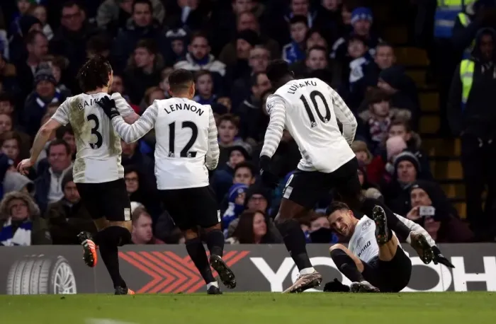 Framed Print : Everton's Mirallas Scores Brilliant Double: Celebrating Victory at Stamford Bridge against Chelsea Framed Print : Everton's Mirallas Scores Brilliant Double: Celebrating Victory at Stamford Bridge against Chelsea