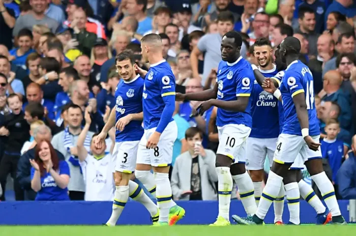 Framed Print : Everton's Misfortune: Leighton Baines and Ross Barkley Celebrate Shay Given's Own Goal vs. Stoke City