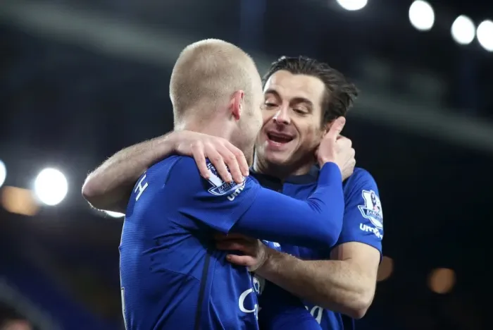 Framed Print : Everton's Naismith and Baines: A Celebratory Moment as They Secure the Third Goal Against Queens Park Rangers Framed Print : Everton's Naismith and Baines: A Celebratory Moment as They Secure the Third Goal Against Queens Park Rangers