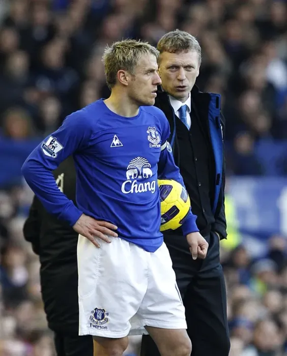 Framed Print : Everton's Neville and Moyes: United at Goodison Park during Everton vs Sunderland (BPL, 26 February 2011)