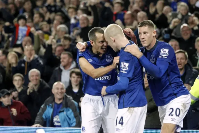 Framed Print : Everton's Osman, Naismith, and Barkley: Triumphant Trio Celebrates Second Goal vs. West Ham Framed Print : Everton's Osman, Naismith, and Barkley: Triumphant Trio Celebrates Second Goal vs. West Ham