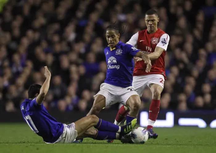 Framed Print : Everton's Powerhouse Duo: Tim Cahill and Steven Pienaar Outmuscle Arsenal's Kieran Gibbs at Goodison Park (21 March 2012) Framed Print : Everton's Powerhouse Duo: Tim Cahill and Steven Pienaar Outmuscle Arsenal's Kieran Gibbs at Goodison Park (21 March 2012)