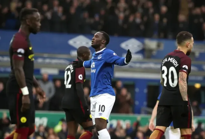 Framed Print : Everton's Romelu Lukaku Celebrates First Goal Against Manchester City at Goodison Park
