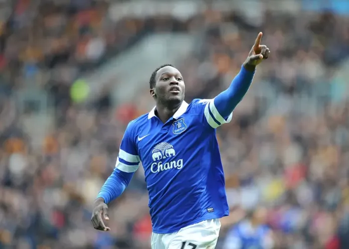 Framed Print : Everton's Romelu Lukaku: Double Delight as He Celebrates Second Goal Against Hull City (11-05-2014)