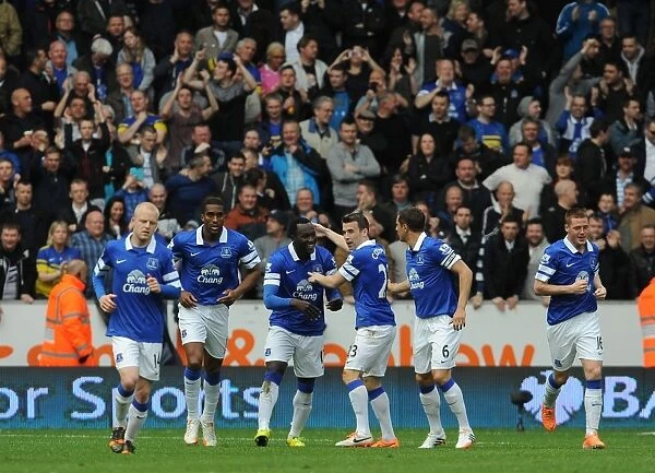 Everton's Romelu Lukaku Scores and Celebrates Second Goal Against Hull City in Barclays Premier League