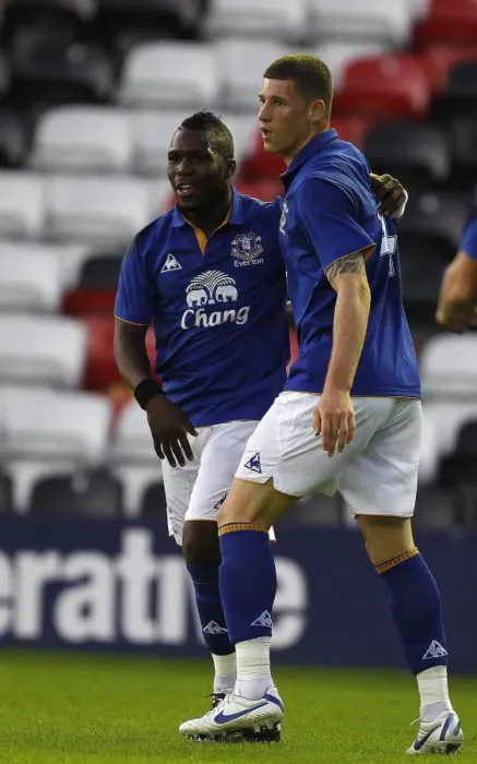 Framed Print : Everton's Ross Barkley and Royston Drenthe: Celebrating Their First Goal Together in Everton vs. Aston Villa Reserve Match (September 13, 2011) Framed Print : Everton's Ross Barkley and Royston Drenthe: Celebrating Their First Goal Together in Everton vs. Aston Villa Reserve Match (September 13, 2011)