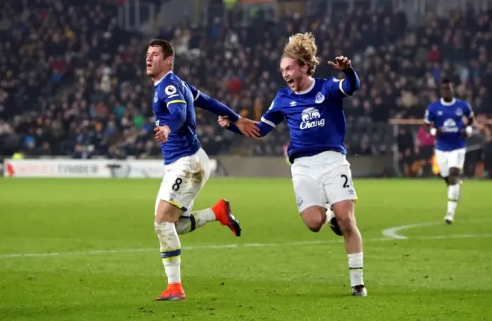 Framed Print : Everton's Ross Barkley and Tom Davies Celebrate Second Goal vs. Hull City in Premier League Framed Print : Everton's Ross Barkley and Tom Davies Celebrate Second Goal vs. Hull City in Premier League